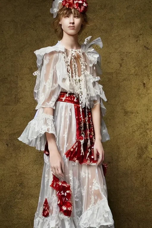 Image similar to hungarian folk costume made by valentino resort ss 2 0 1 6, sheer layered floral dress, chain jewelry, coin veil, cute young model portrait