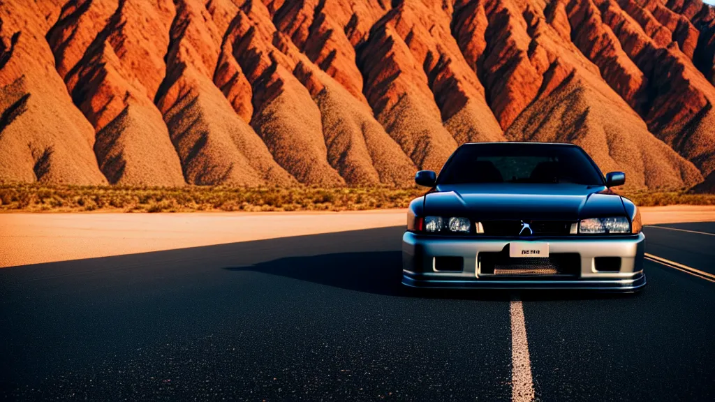 Image similar to three quarter front photo of a stock dark grey nissan r 3 2 skyline gtr on a road in a desert with a mountain in the background in the early morning, car photography, zoom lens, blue hour, photorealistic