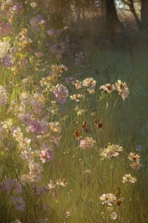 Prompt: an intricate artistic painting of a beautiful wallpaper art pattern made of elegant meadows with painterly motives and textures, hyper detailed, octane render, vivid colors, artstation, by jeremy mann, by alphonse mucha