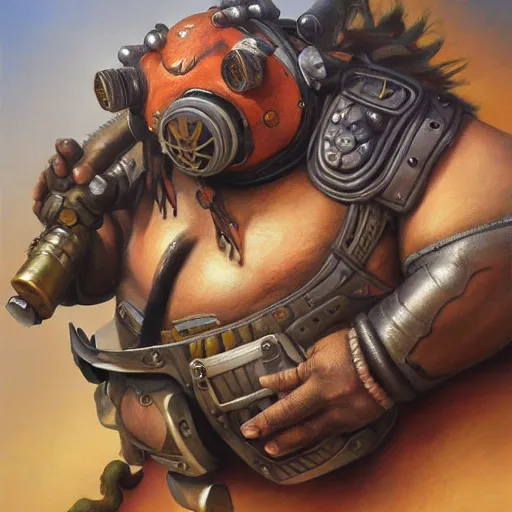 Image similar to detailed portrait of roadhog from overwatch, intricate, hyper detailed, realistic, oil painting, by julie bell, frank frazetta, cinematic lighting