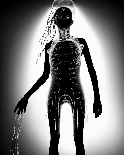 Image similar to black and white young female-cyborg-human-jellyfish-plant high quality photo, microchip, artificial intelligence, bio-mechanical bio-luminescence, black wired cables, neurons, nerve cells, octane render, cinematic, rim light, hyper realism, photo-realistic, high detail, 8k, masterpiece, high fashion, in the style of Dora Maar