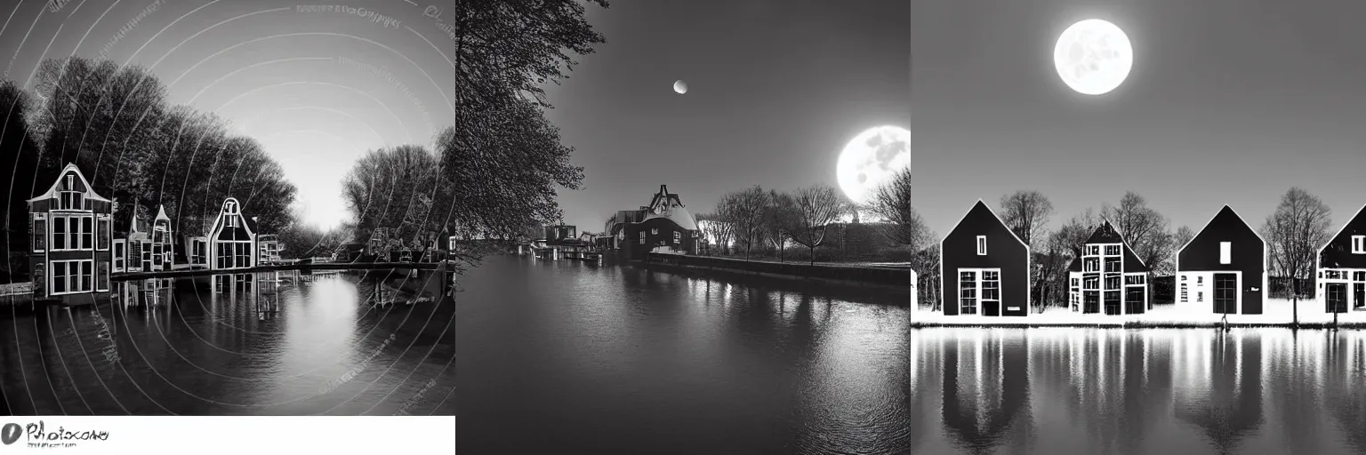 Prompt: Dutch houses along a river, silhouette!!!, Circular white full moon, Debussy, b&w!