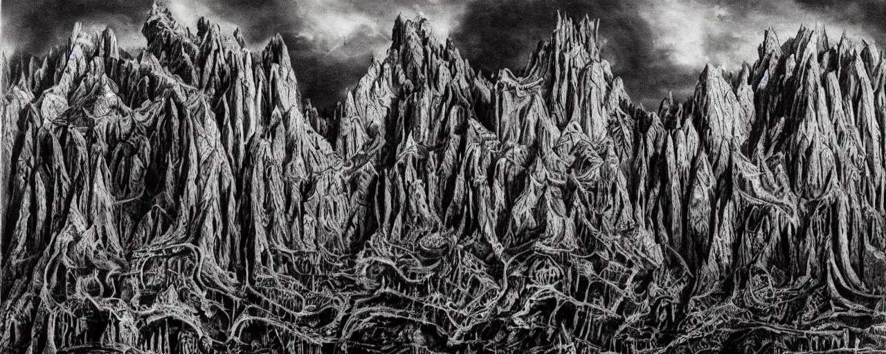 Prompt: hr giger might matte painting of monsters in the dolomites, depth art insane, witchcraft patterns, pour cell painting, crimson emerald vibrant, fluorescent flesh glowing, tarot depictions of darkness evil incarnate