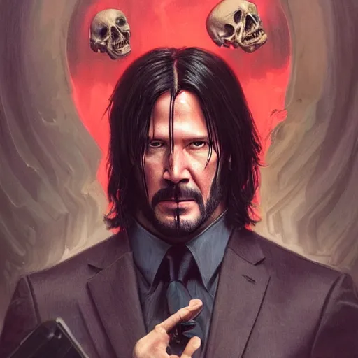 Image similar to a mind - blowing portrait of a john wick wearing a human skull, deep focus, d & d, fantasy, intricate, elegant, highly detailed, digital painting, artstation, concept art, matte, sharp, illustration, hearthstone, art by artgerm and greg rutkowski and alphonse mucha