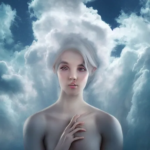 Image similar to goddess wearing a cloud fashion on the clouds, photoshop, colossal, creative, albino skin, giant, digital art, photo manipulation, clouds, covered in clouds, girl clouds, on clouds, covered by clouds, a mini airplane flying, white hair, digital painting, artstation, deviantart