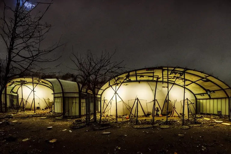 Image similar to post apocalyptic over grown indoor leisure centre shelter, night time, barrel fires and tents, dystopian, dirty