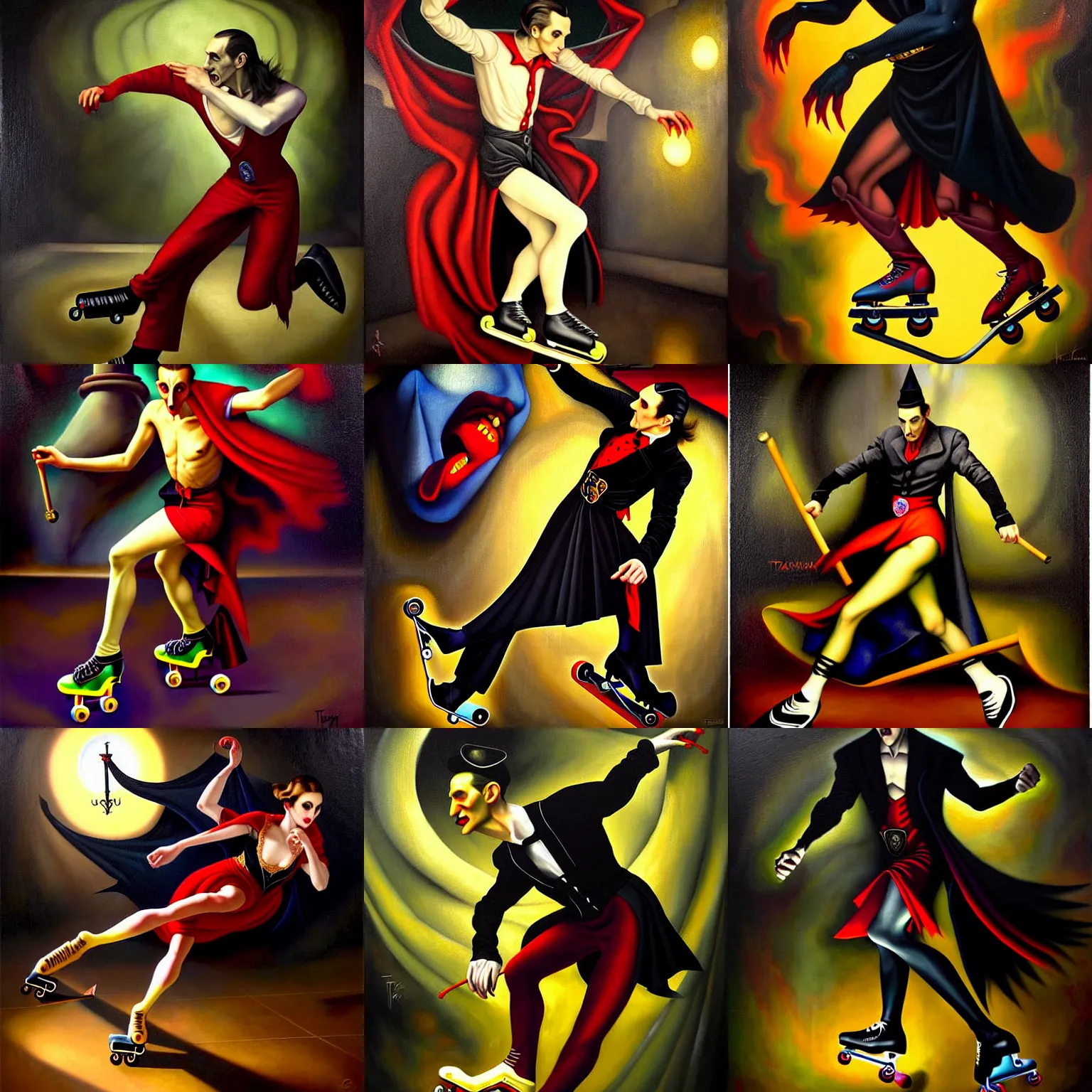 Prompt: dynamic composition, a painting of dracula the vampire skating on roller skates in a medieval roller rink, a surrealist painting by tom bagshaw and jacek yerga and tamara de lempicka and jesse king, featured on cgsociety, pop surrealism, surrealist, dramatic lighting, wiccan, full body portrait, pre - raphaelite, ornate gilded details