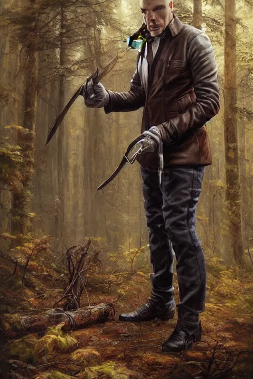 Image similar to a hitman named cobalt wearing a brown leather jacket and wielding a hatchet in the woods. art by tomasz alen kopera.