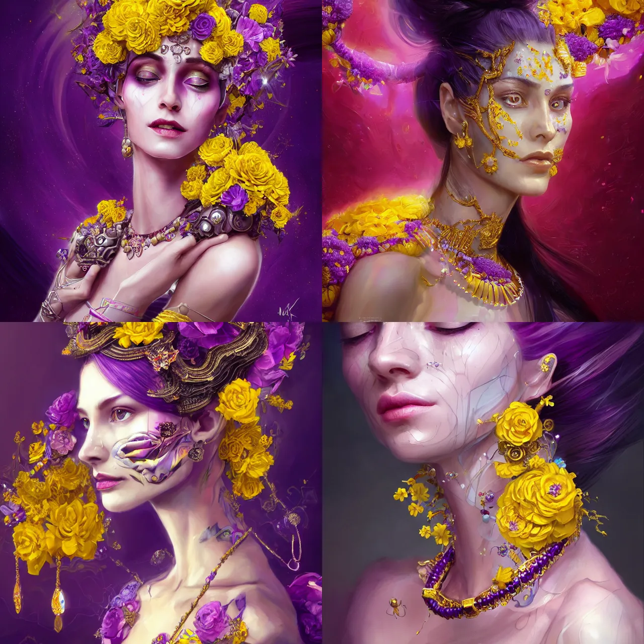 Prompt: realistic character concept, the empress with lots of jewelry and yellow and purple flowers in the face, elegant pose, scifi, illustration, slender symmetrical face and body, artstation, cinematic lighting, hyperdetailed, 8 k, high resolution, charlie bowater, francoise nielly, insanely detailed and intricate, elegant, dark fractal background, vfx, art deco, postprocessing