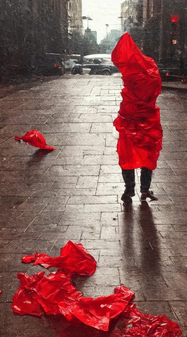 Prompt: a single crumpled red plastic cup on wet sidewalk as a classical painting, oil painting, epic lighting, epic composition