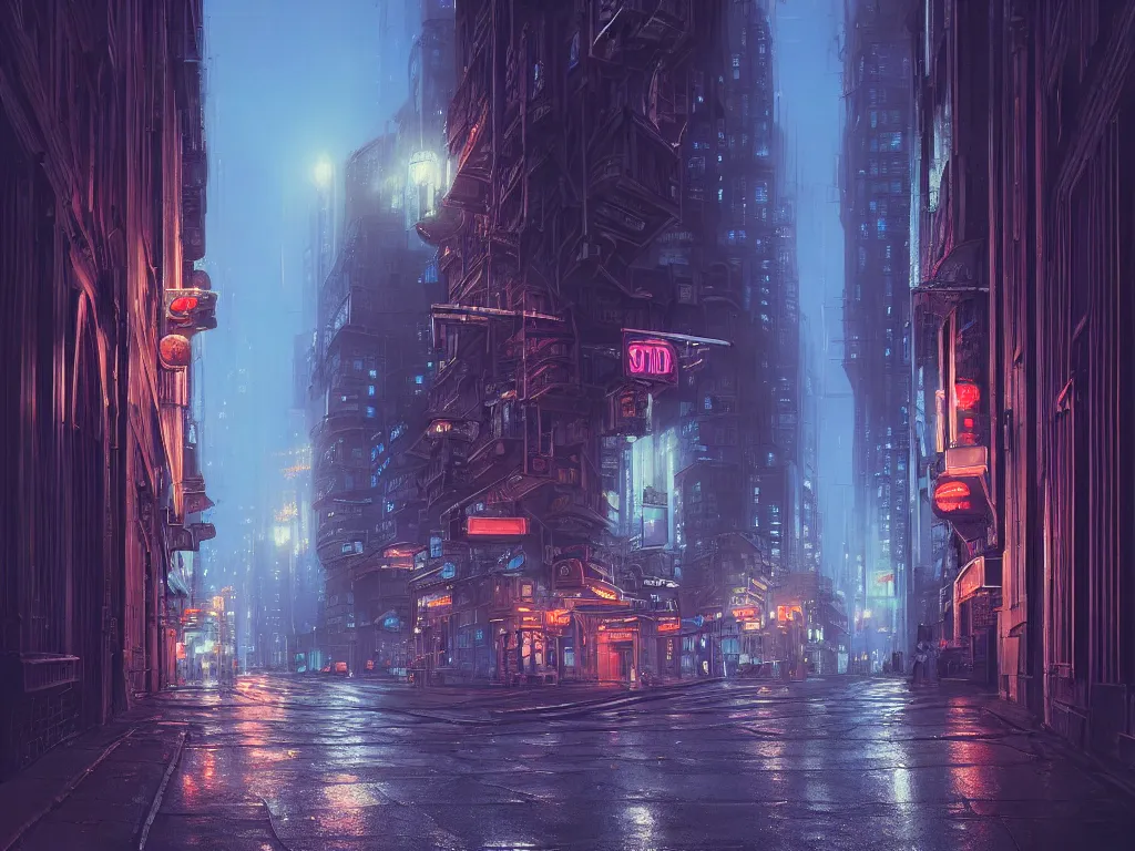 Prompt: hyperrealistic matte painting of a city street at night underneath grand buildings, classical architecture, by hugh ferris, noriyoshi ohrai, john harris, neon signs, blue color scheme, gritty, fine detail, polished, sharp focus, octane, cgsociety, trending on artstation