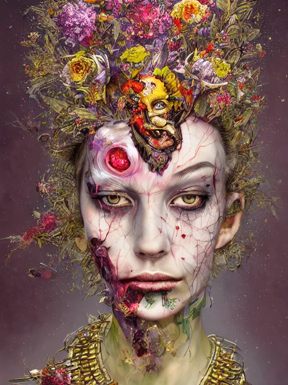 Prompt: art portrait of zombie queen with flower exploding out of head,8k,intricate ornate armour, by tristan eaton,Stanley Artgermm,Tom Bagshaw,Greg Rutkowski,Carne Griffiths,trending on DeviantArt,face enhance,giger,hyper detailed,minimalist,cybernetic, android, blade runner,full of colour,