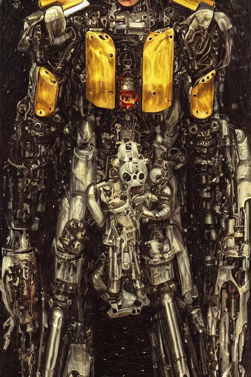 Image similar to portrait of demonic gothic Tom Cruise in mechanical power armor, cyberpunk, Warhammer, highly detailed, artstation, illustration, art by Gustav Klimt