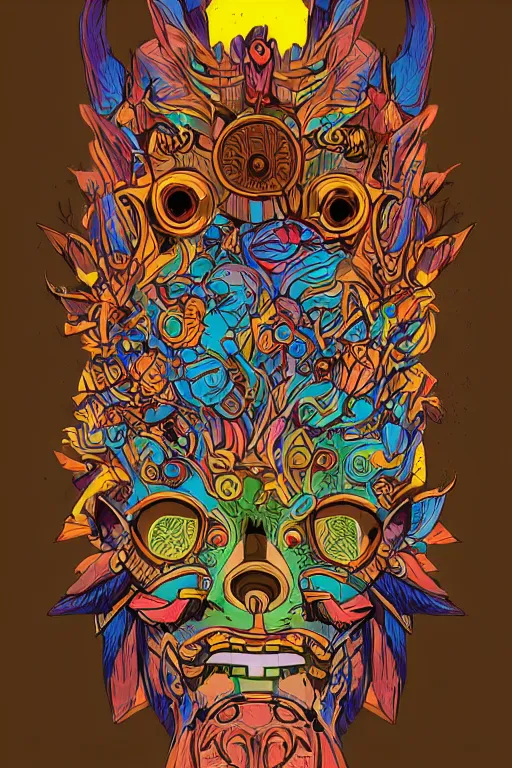 Image similar to animal mask totem roots flower tribal feather gemstone plant wood rock shaman vodoo video game vector cutout illustration vivid multicolor borderlands comics by josan gonzales and dan mumford radiating a glowing aura