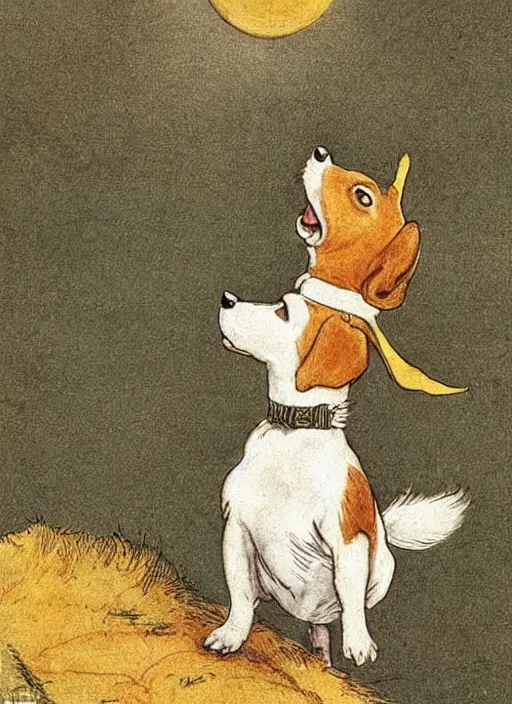 Image similar to candid portrait of a jack russel terrier howling up at the yellow moon, illustrated by peggy fortnum and beatrix potter and sir john tenniel