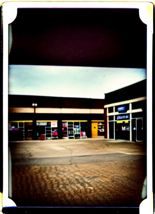 Prompt: polaroid photograph of an empty blockbuster store parking lot, liminal space, familiar place, mannequins, black mold, amateur, 3 5 mm, raw, 4 k, hd