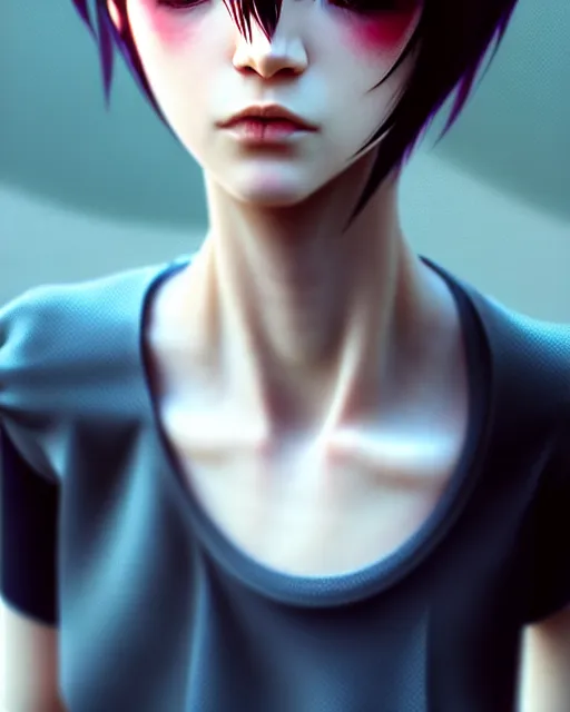 Image similar to full very close up neck shot of a beautiful loner girl, in tshirt and no makeup, demented, irish, by saruei and guweiz and ilya kuvshinov and george miller, digital art, highly detailed, intricate, sharp focus, trending on artstation hq, deviantart, pinterest, unreal engine 5, 4 k uhd image