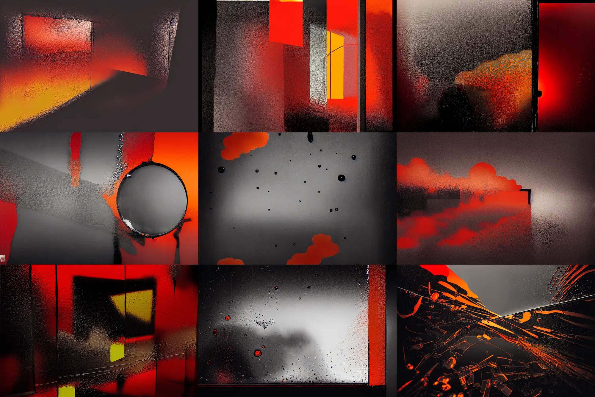 Prompt: editorial illustration by karolis strautniekas and mads berg, punching window glass, liquid clouds, fog, red black yellow orange, fine texture, detailed, muted colors, film noir, dramatic lighting, dynamic composition, vivid, matte print, wide angle, shattered glass ( ( sunbeams ) ), moody
