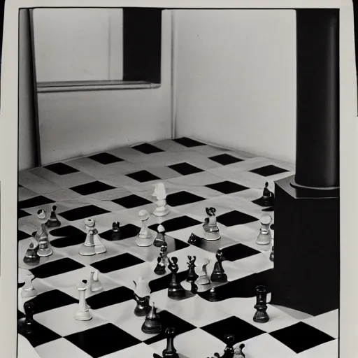 Prompt: A chessboard connected to a machine in a vast white room, Marcel Duchamp, Irving Penn, occult cyberpunk, 1919