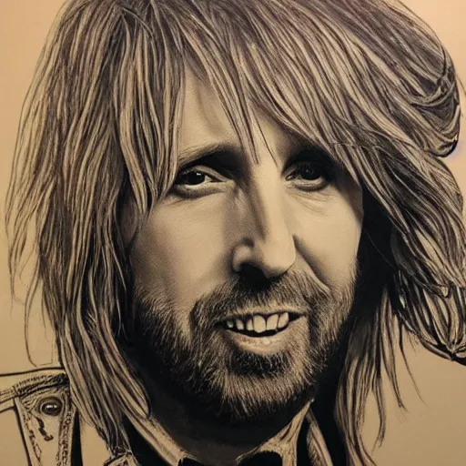 Prompt: Tom Petty free falling in the sky, photorealistic, intricate facial detail, scared, sharp features