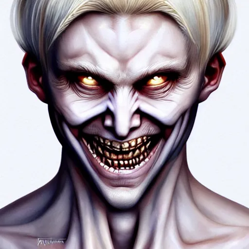 Image similar to Pale-skinned man with a pinched face, crazed eyes, and a strained toothy grin smile. He has short blond unwashed hair. He wears a stained white cultist robe. Epic fantasy art, award winning on Artstation, intricate, elegant, highly detailed, digital painting, concept art, smooth, sharp focus, illustration, art by artgerm and greg rutkowski and alphonse mucha