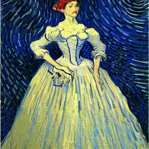 Image similar to Stunning picture of a magnificent ball gown designed by Vincent Van Gogh