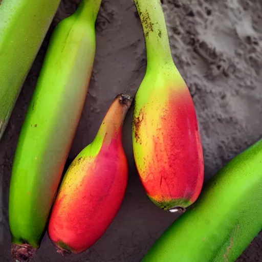 Prompt: red orange kissing green banana on a beach in new mixico