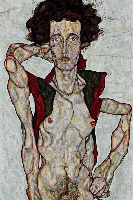 Image similar to a full body character in style of egon schiele and heracut, masterpiece, hyperdetailed, complex, intricate, veiled, 8 k, 4 k, dynamic!!, distorted pose!!, trending on artstation,