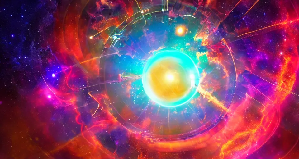 Image similar to a cosmic portal to the gigantic mystic colorful robotic being in the middle of the universe, stylized, 8k, cinematic, hyper-detailed, imax quality