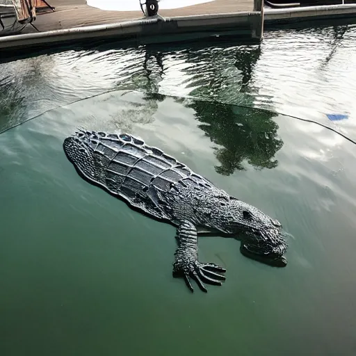 Image similar to a transparent, aluminum, alligator in the water with Skylar