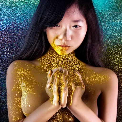 Image similar to asian girl, liquid golden and black fluid, magic hour, dramatic light, liquid voronoi pattern, golden bodypaint, world best photography