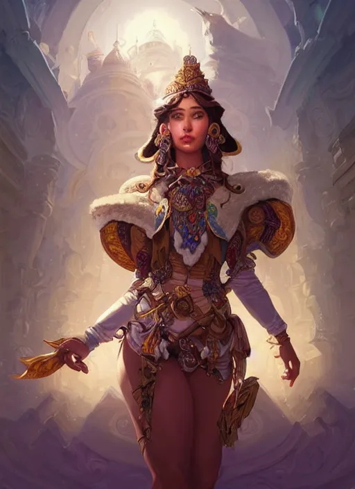 Image similar to portrait of russian mexican asian girl jodhpurs hyperborea lemuria, deep focus, d & d, fantasy, intricate, elegant, highly detailed, digital painting, artstation, concept art, matte, sharp focus, illustration, hearthstone, art by rhads by artgerm and greg rutkowski and alphonse mucha