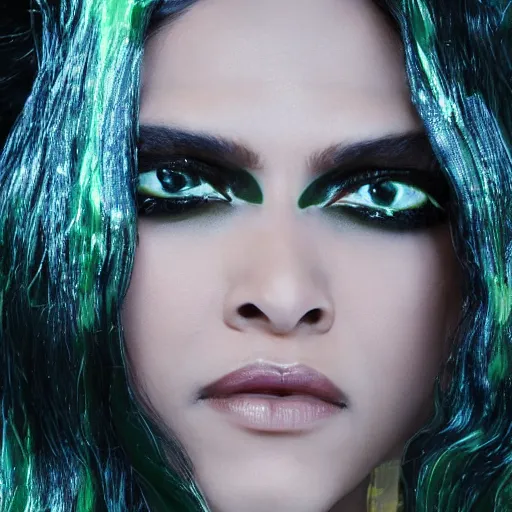 Image similar to A beautiful portrait of Deepika Padukone as Poison Ivy from Batman as a Versace fashion model Spring/Summer 2010, highly detailed, in the style of cinematic, Getty images, Milan fashion week backstage, Makeup by Pat McGrath, Hair by Guido Palau, Greg rutkowski