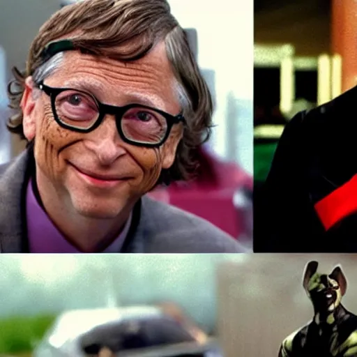 Image similar to bill gates as the joker from batman in an action scene in fast & furious