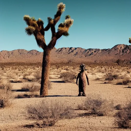 Prompt: A photo of an alien in a desert, standing next to a Joshua Tree. Grainy Photography.