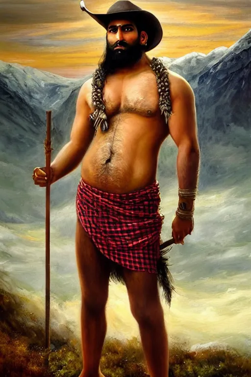 Prompt: a dramatic epic beautiful painting of a shirtless desi man | he has a lot of body hair and very thick legs | he is wearing a plaid kilt and cowboy hat, and holding a walking stick | background is mountains and clouds | dramatic lighting, golden hour, homoerotic | by mark maggiori and walter crane | trending on artstation