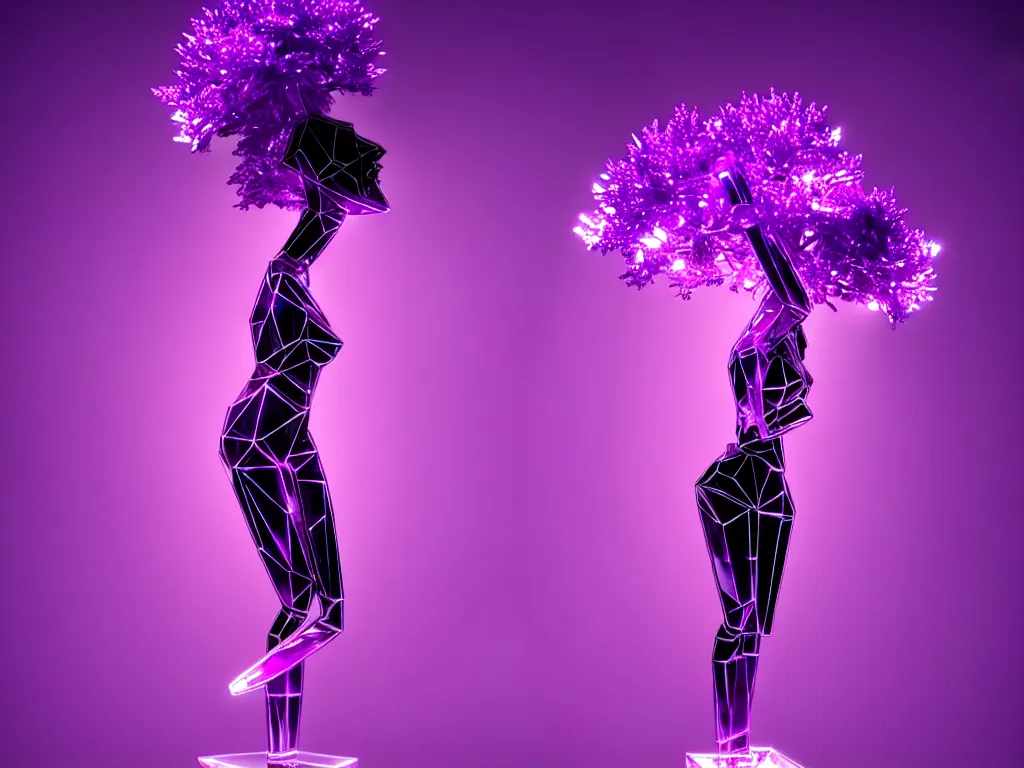 Image similar to beautiful mannequin sculpted out of amethyst by billelis + lit with purple 3 d geometric neon + chrome geometric cubed bonsai plants!!!!, doorway opening with neon pink geometric light, clean linework, dramatic, finely detailed, rule of thirds, moody, confident, award winning, 4 k, trending on artstation, photorealistic, volumetric lighting, octane render