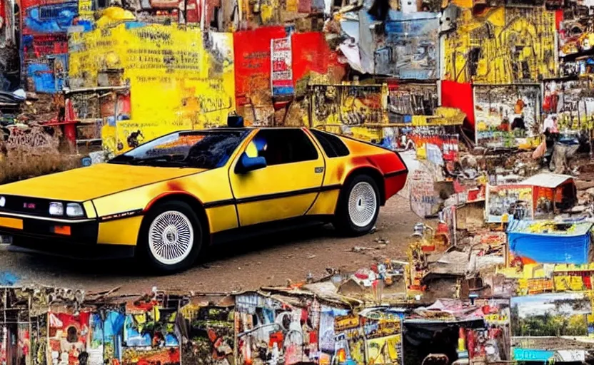 Image similar to a red and yellow delorean in ajegunle slums of lagos - nigeria, magazine collage, masterpiece,