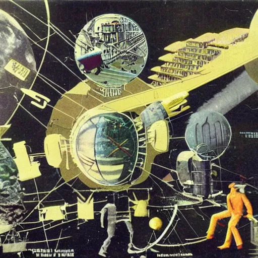 Prompt: 1950 magazine cut out collage of cyber punk machinery failing at terraforming Venus, Jules Verne