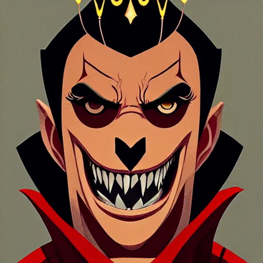 Image similar to handsome vampire king with crown and fangs, symmetrical face, evil, portrait, cinematic, dramatic, powerful, super detailed and intricate, by koson ohara, by darwyn cooke, by greg rutkowski, by satoshi kon