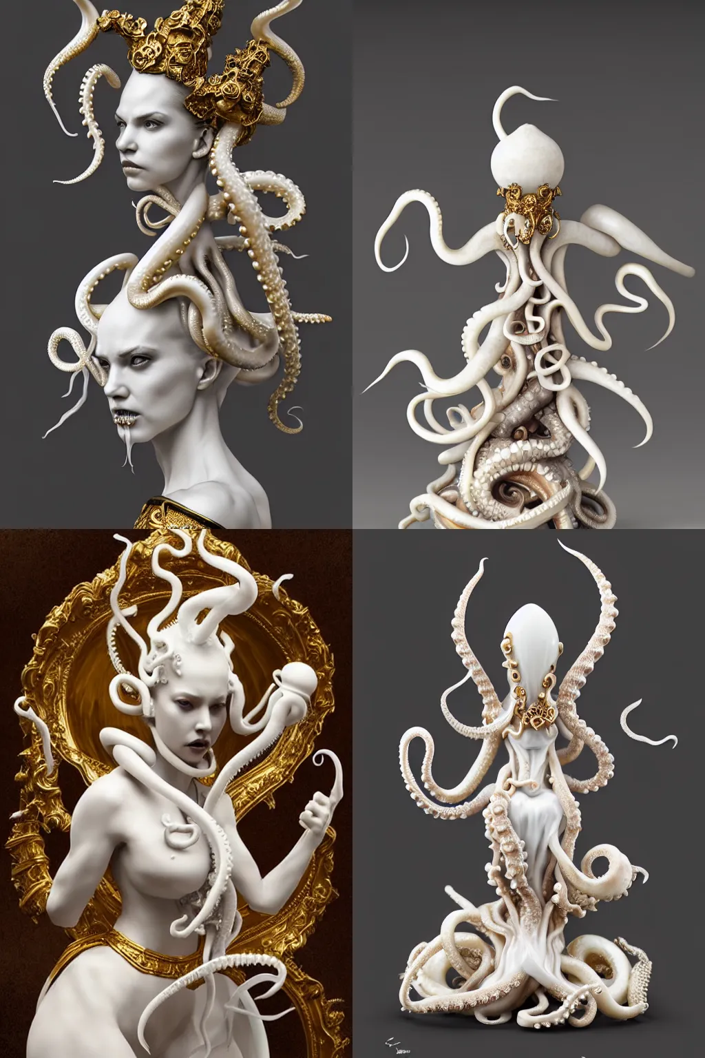 Prompt: 3 d sculpture white porcelain queen by greg rutkowski and marc simonetti, octopus tentacles and black smoke, floating in vapor, gold details, very detailed, highly intricate, ornate, pearlescent, octane render, 8 k