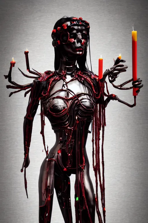 Image similar to full-body cyberpunk style sculpture of a young beautiful dark priestess, half android with a head opening exposing circuitry, glowing red eyes, black roses, flowing blood red colored silk, fabric, candles. baroque elements, human skull. full-length view. baroque element. intricate artwork by Caravaggio. crows flying in background. Trending on artstation, octane render, cinematic lighting from the right, hyper realism, octane render, 8k, depth of field, 3D