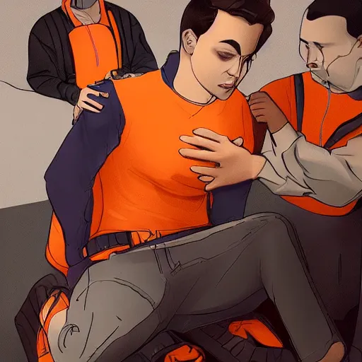 Image similar to goose being zipped - up by man in orange shirt, artstation