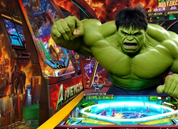 Prompt: film still of Hulk playing pinball in the new Avengers movie, 4k