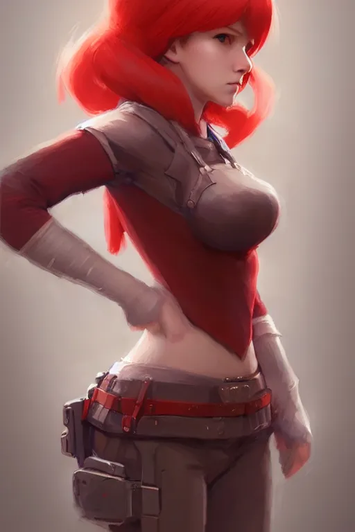 Prompt: longshot, 3 / 4 view of a red headed woman in villager cosplay from super smash brothers intricate, elegant, sharp focus, illustration, highly detailed, concept art, matte, trending on artstation, anime, art by wlop and artgerm and greg rutkowski, ilya kuvshinov, strong strokes,