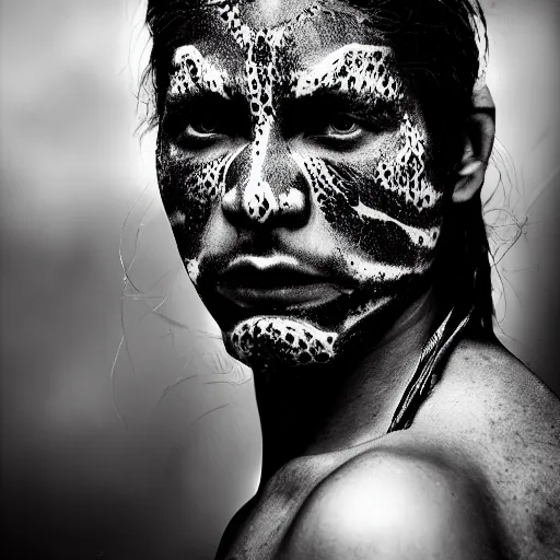 Image similar to portrait of a young jaguar warrior, street pic, depth of field, zeiss lens, detailed, symmetrical, centered, fashion photoshoot, b & w, by annie leibovitz and frank miller, jim jarmusch, moebius, breathtaking, 8 k resolution, extremely detailed, beautiful, establishing shot, artistic, hyperrealistic, beautiful face, octane render