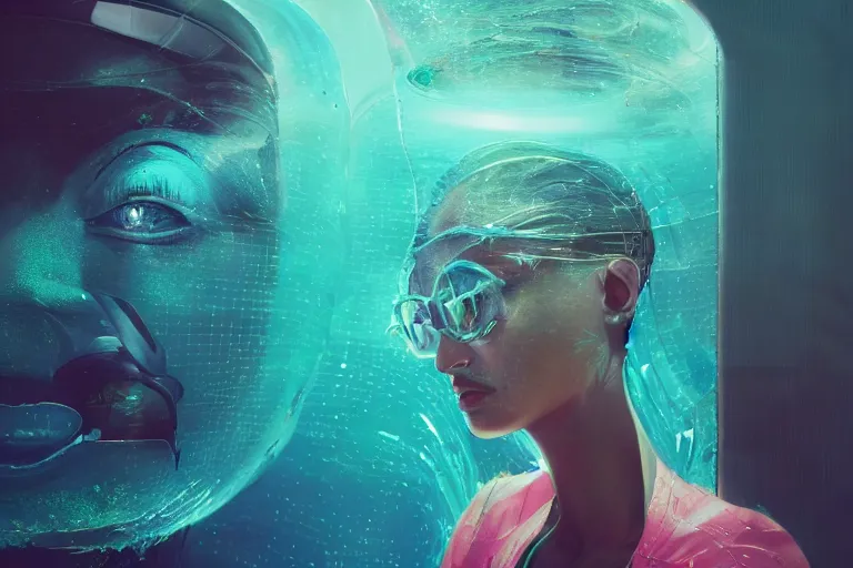 Prompt: portrait of a see-through glass head with ocean waves inside it, vintage, neon, spray, iridescent, smooth, sharp focus, high detail, deviantart, artstation, halo, octane render, cinematic, hyper realism, 8k, depth of field, bokeh, art by Tooth Wu and wlop and beeple and dan mumford and greg rutkowski