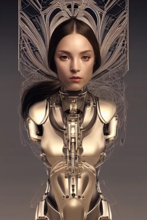 Image similar to Mechanical female android looking, cinematic lighting, intricate, elegant, super highly detailed, art station, concept art, smooth, sharp focus, no blur, no dof, extreme illustration, Unreal Engine 5, Photorealism, HD quality, 8k resolution, cinema 4d, 3D, beautiful, delicate, art by artgerm and greg rutkowski and alphonse mucha and loish and WLOP