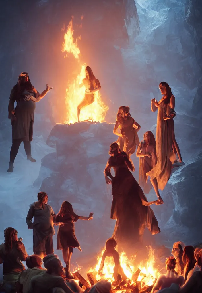 Image similar to epic leader pregnant woman talking to all her tribe around a bonfire, proud people looking at the pregnant woman, ice cave, facinating, fantasy digital art, octane render, beautiful composition, trending on artstation, coherent, masterpiece, photorealistic