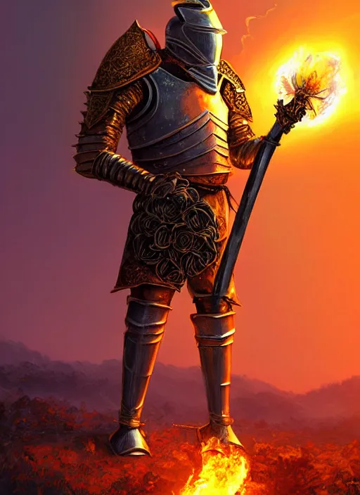 Image similar to a knight in armor decorated with roses and gold holds a flaming sword on a cliff as he watches a violet sunrise on an alien planet. by Ciryl Rolando, hyperrealistic illustration, digital art, studio lightning, very detailed faces